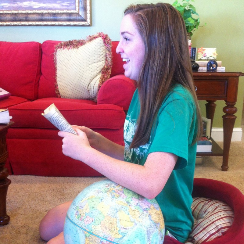 This globe is used to refer to the location of the missionaries in the stories we are reading and as a prop for Kelsey’s body. LOL