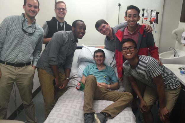 Friends visit daniel during chemoi